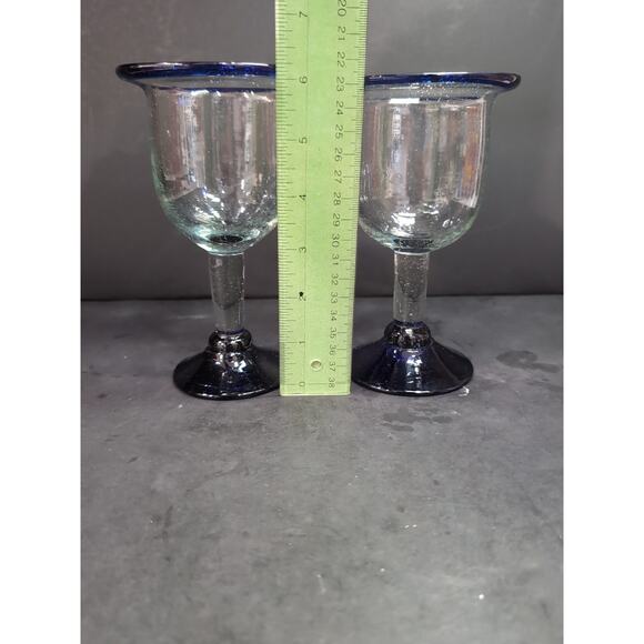 Hand Blown Glass Wine Goblets, Cobalt Blue Rim & Base, Bubbles Design, Drinkware - Picture 6 of 9